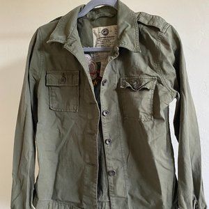 LUCKY BRAND Army Green Button Down Jacket with Embroidered Flowers on Back
